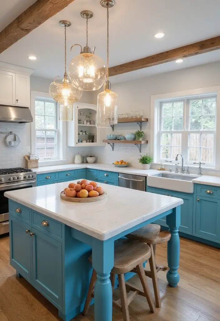 25 Blue Kitchen Ideas That Add Calm and Coastal Vibes 78 25 Blue Kitchen Ideas That Add Calm and Coastal Vibes - 12. Beachy Lighting Fixtures