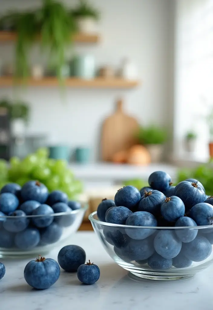 25 Blue Kitchen Ideas That Add Calm and Coastal Vibes 153 25 Blue Kitchen Ideas That Add Calm and Coastal Vibes - 23. Beautifully Arranged Blue Produce