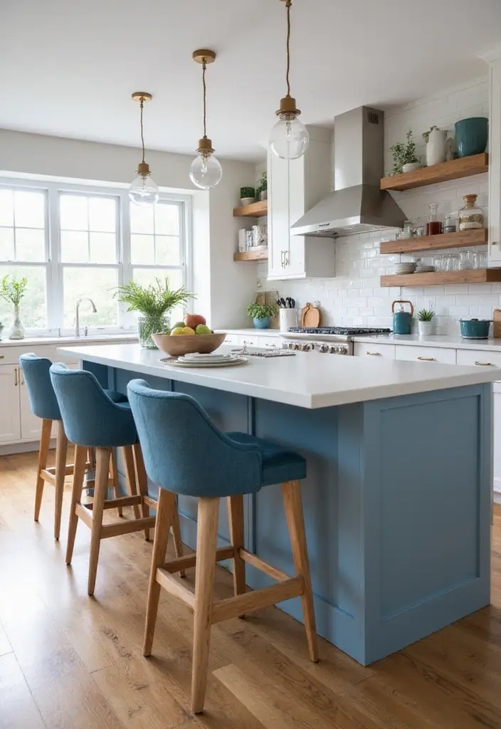 25 Blue Kitchen Ideas That Add Calm and Coastal Vibes 15 25 Blue Kitchen Ideas That Add Calm and Coastal Vibes - 3. Beachy Bar Stools