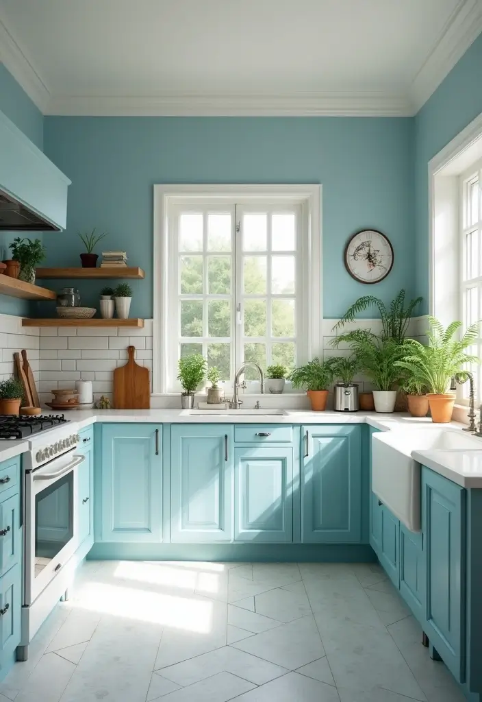 25 Blue Kitchen Ideas That Add Calm and Coastal Vibes 29 25 Blue Kitchen Ideas That Add Calm and Coastal Vibes - 5. Soft Blue Walls