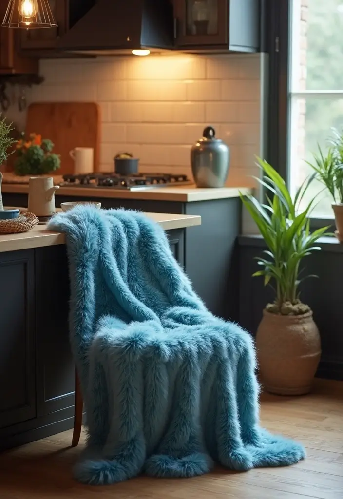 25 Blue Kitchen Ideas That Add Calm and Coastal Vibes 57 25 Blue Kitchen Ideas That Add Calm and Coastal Vibes - 9. Coastal Faux Fur Throws
