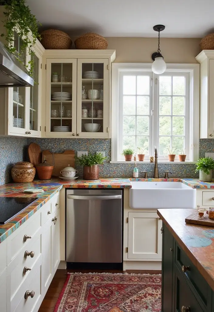 25 Boho Kitchen Ideas Full of Texture, Plants, and Personality 132 25 Boho Kitchen Ideas Full of Texture, Plants, and Personality - 20. Colorful Countertops