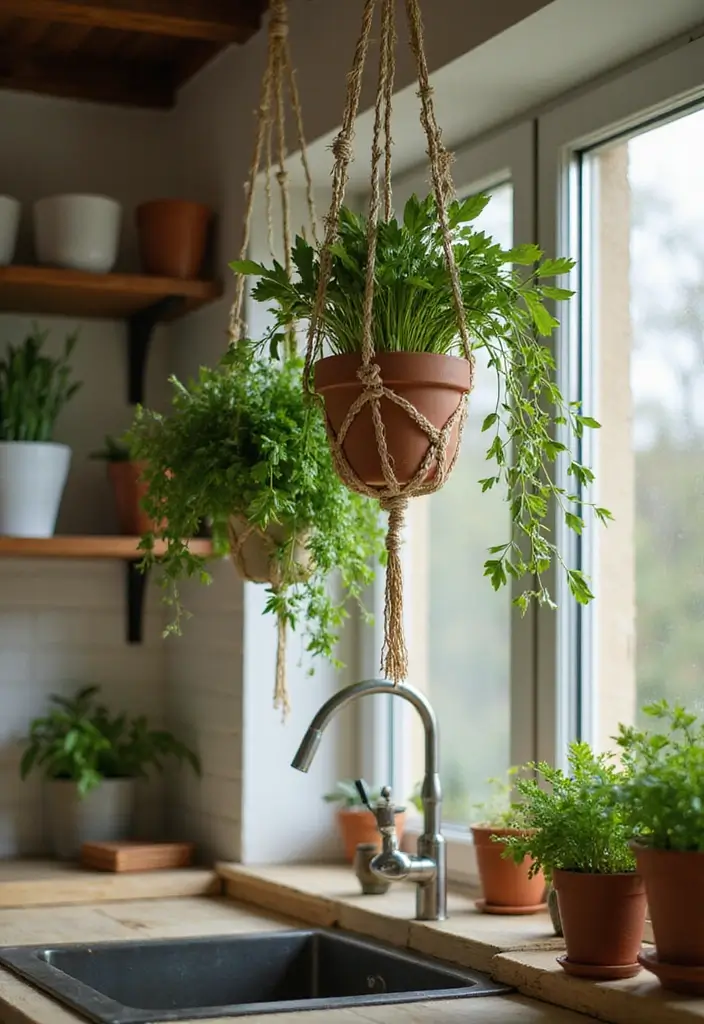 25 Boho Kitchen Ideas Full of Texture, Plants, and Personality 41 25 Boho Kitchen Ideas Full of Texture, Plants, and Personality - 7. Hanging Herb Gardens