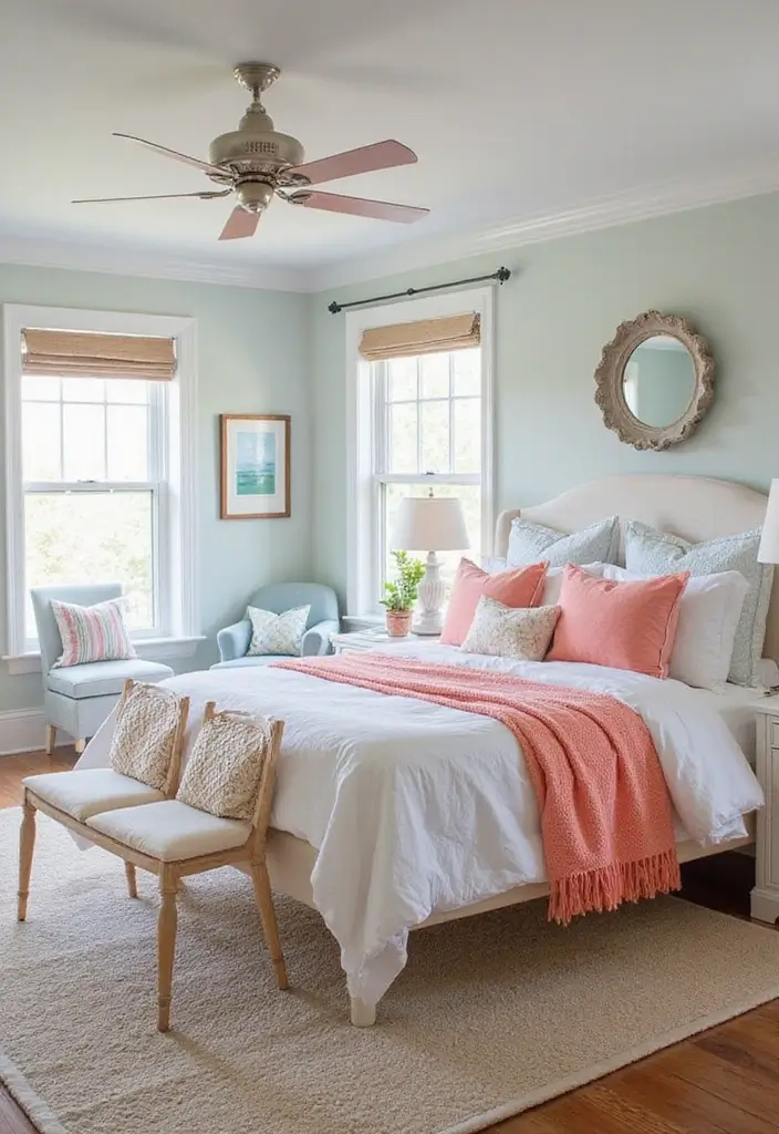 25 Coastal Bedroom Ideas That Bring the Beach Home 104 25 Coastal Bedroom Ideas That Bring the Beach Home - 16. Accents of Coral