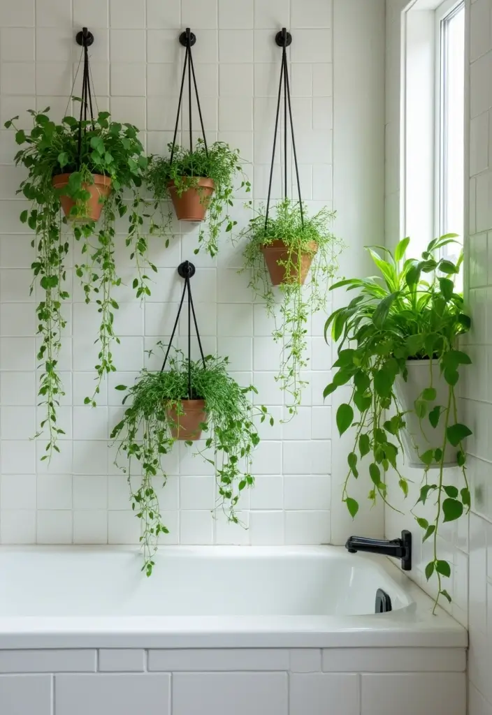25 Green Bathroom Ideas Bringing Nature Indoors 1 25 Green Bathroom Ideas Bringing Nature Indoors - 1. Hanging Indoor Plants