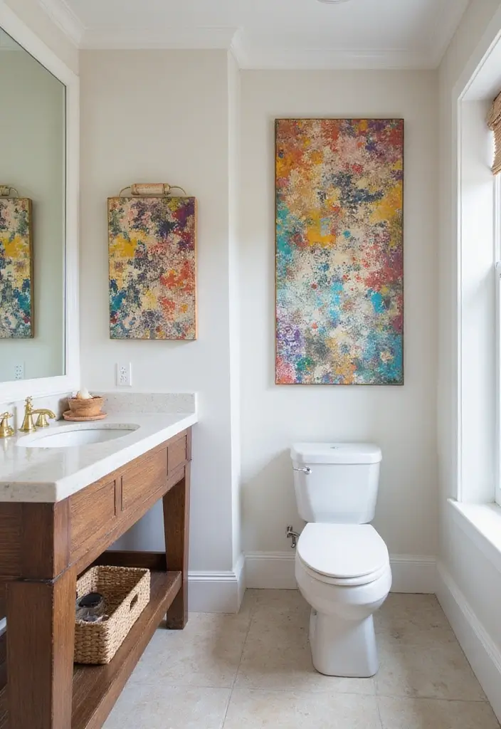 25 Light Bathroom Ideas That Instantly Brighten and Open Up Your Space 111 25 Light Bathroom Ideas That Instantly Brighten and Open Up Your Space - 17. Bold Wall Art for Personality