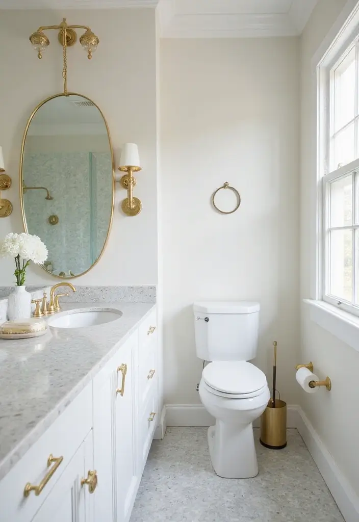 25 Light Bathroom Ideas That Instantly Brighten and Open Up Your Space 118 25 Light Bathroom Ideas That Instantly Brighten and Open Up Your Space - 18. Glamorous Gold Accents