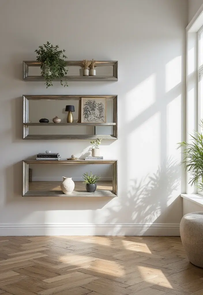 25 Mirror Wall Ideas To Brighten Up And Enlarge Any Room 92 25 Mirror Wall Ideas To Brighten Up And Enlarge Any Room - 14. Mirrored Shelves for Style and Function