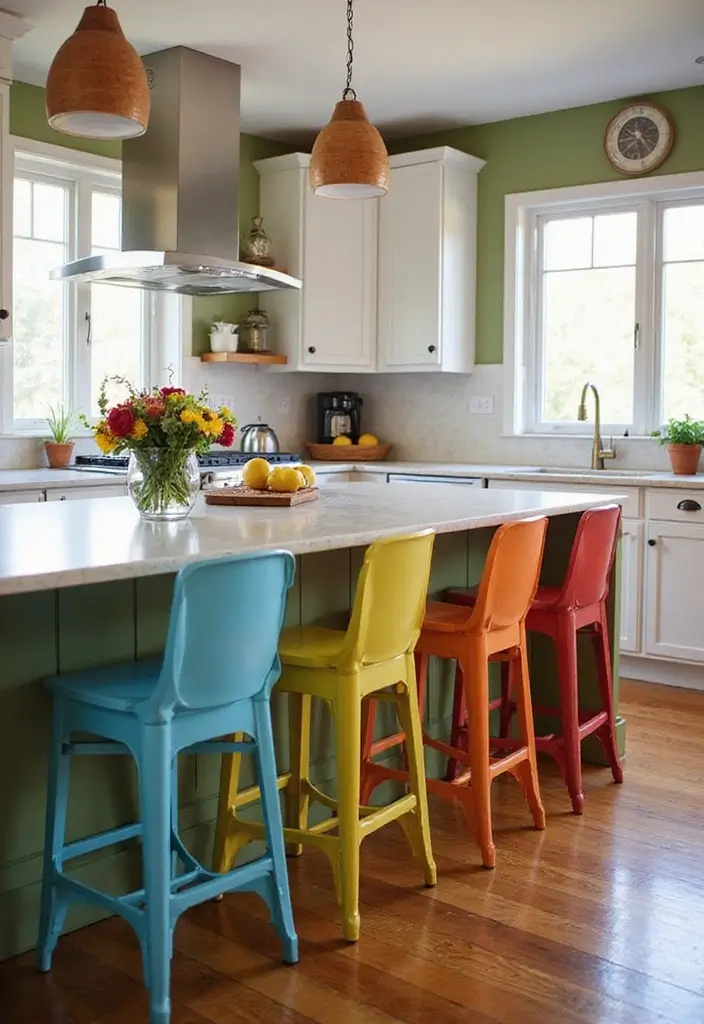 25 Peninsula Kitchen Ideas to Add Style and Extra Counter Space - 18. Colorful Bar Stool Selection
