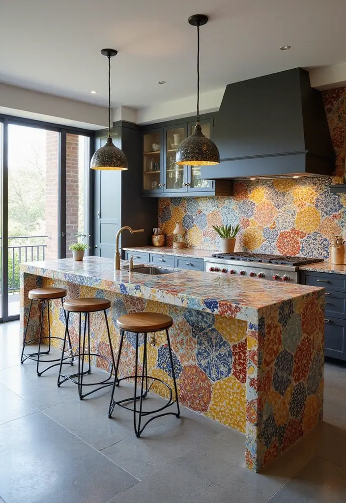 25 Peninsula Kitchen Ideas to Add Style and Extra Counter Space - 21. Artistic Tile Design Peninsula