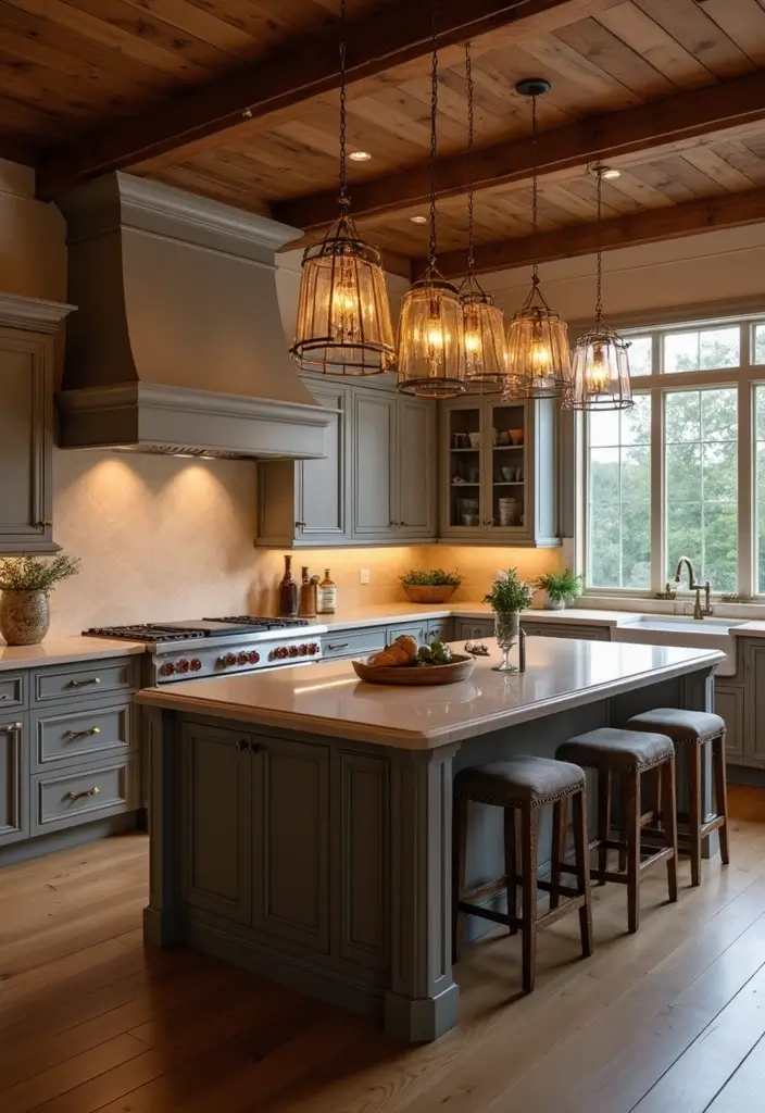 25 Peninsula Kitchen Ideas to Add Style and Extra Counter Space - 23. Elegant Lighting Above Peninsula