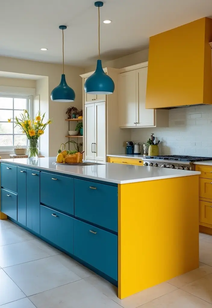 25 Peninsula Kitchen Ideas to Add Style and Extra Counter Space - 3. Bold Color Block Peninsula