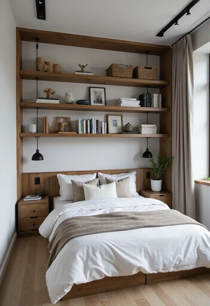 25 Small Bedroom Ideas for Men with a Sleek and Minimal Look 109 25 Small Bedroom Ideas for Men with a Sleek and Minimal Look - 17. Built-In Shelving