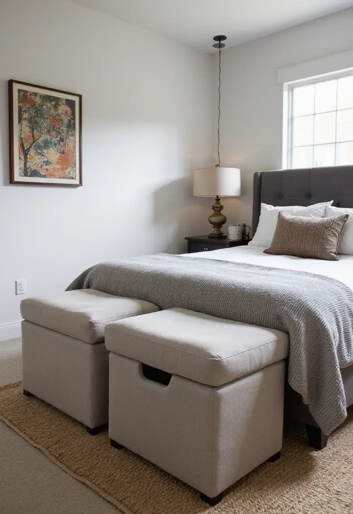 25 Small Bedroom Ideas for Men with a Sleek and Minimal Look 151 25 Small Bedroom Ideas for Men with a Sleek and Minimal Look - 23. Sleek Storage Ottomans