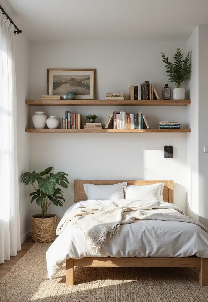 25 Small Guest Bedroom Ideas to Create a Cozy and Inviting Space 36 25 Small Guest Bedroom Ideas to Create a Cozy and Inviting Space - 8. Floating Shelves