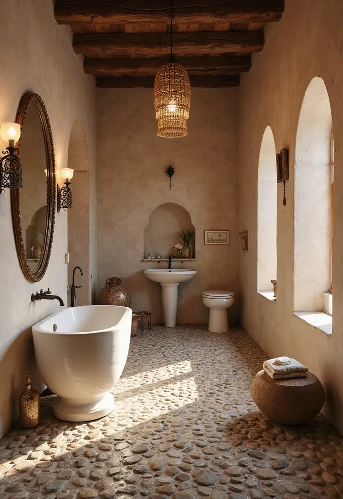 25 Stone Bathroom Ideas for a Spa Look That Feels Expensive 36 25 Stone Bathroom Ideas for a Spa Look That Feels Expensive - 6. Moroccan-Inspired Pebble Floors