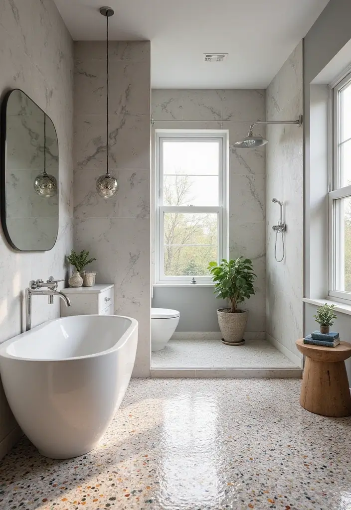 25 Stone Bathroom Ideas for a Spa Look That Feels Expensive 43 25 Stone Bathroom Ideas for a Spa Look That Feels Expensive - 7. Modern Terrazzo Touches