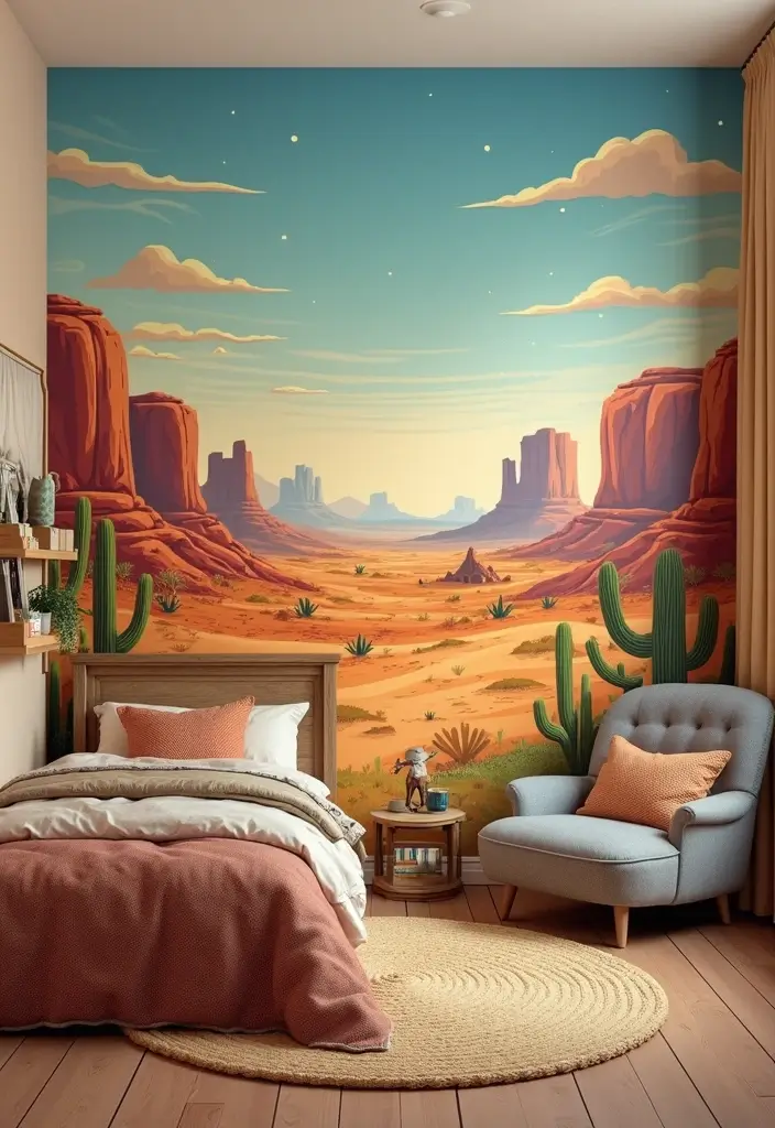 25 Western Bedroom Ideas with Rustic Cowboy Charm 146 25 Western Bedroom Ideas with Rustic Cowboy Charm - 24. Outdoor Adventure Wall Mural