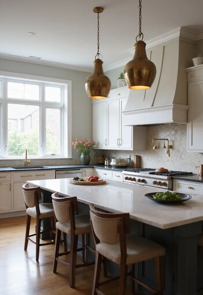 25 White Kitchen Ideas For a Clean and Elegant Space 134 25 White Kitchen Ideas For a Clean and Elegant Space - 20. Statement Lighting Fixtures