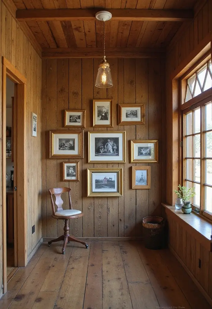 25 Wood Wall Ideas That Bring Natural Warmth Indoors 104 25 Wood Wall Ideas That Bring Natural Warmth Indoors - 16. Rustic Wood Wall with Vintage Frames