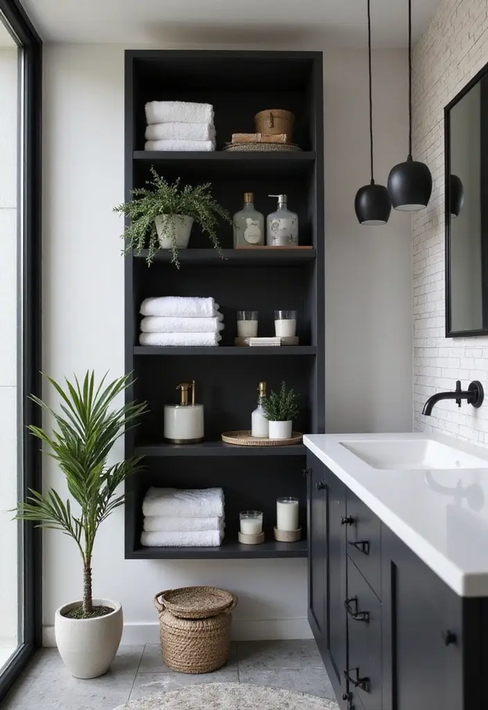 26 Black and White Bathroom Ideas That Never Go Out of Style 78 26 Black and White Bathroom Ideas That Never Go Out of Style - 12. Open Shelving