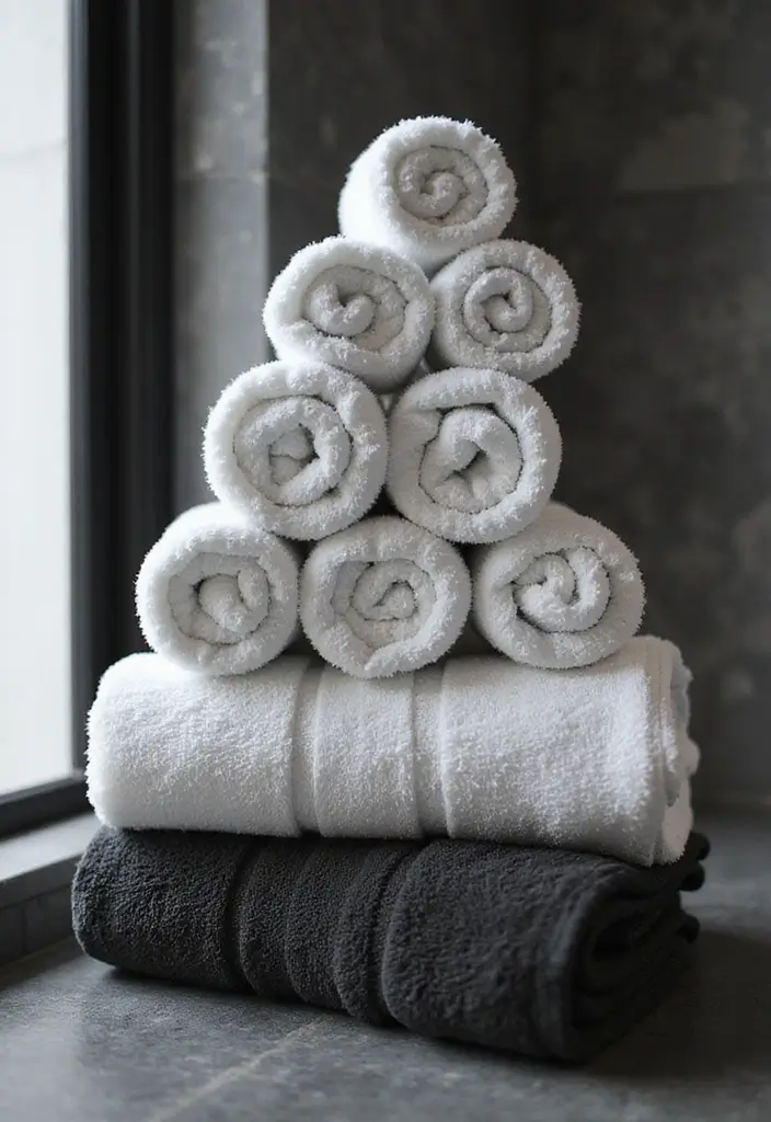 26 Black and White Bathroom Ideas That Never Go Out of Style 106 26 Black and White Bathroom Ideas That Never Go Out of Style - 16. Stylish Towel Displays