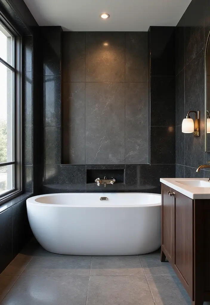 26 Black and White Bathroom Ideas That Never Go Out of Style 134 26 Black and White Bathroom Ideas That Never Go Out of Style - 20. Elegant Bathtub Surrounds