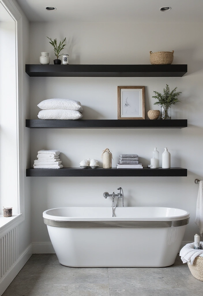 26 Black and White Bathroom Ideas That Never Go Out of Style 148 26 Black and White Bathroom Ideas That Never Go Out of Style - 22. Floating Shelves