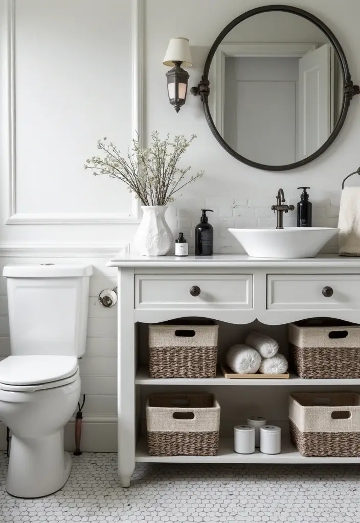 26 Black and White Bathroom Ideas That Never Go Out of Style 155 26 Black and White Bathroom Ideas That Never Go Out of Style - 23. Stylish Storage Solutions
