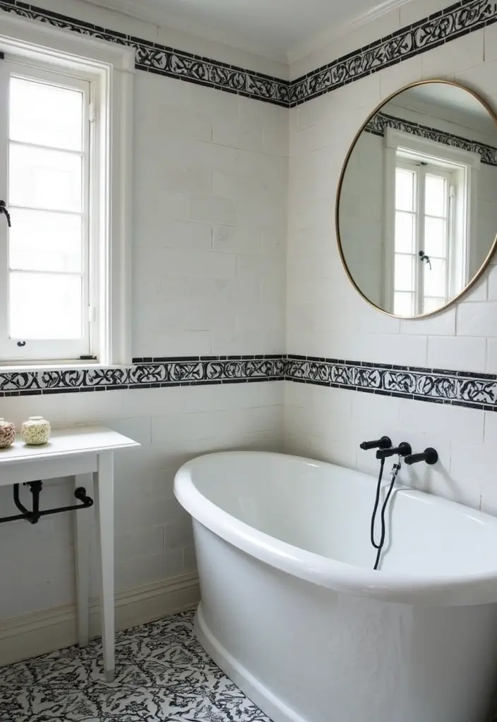 26 Black and White Bathroom Ideas That Never Go Out of Style 162 26 Black and White Bathroom Ideas That Never Go Out of Style - 24. Creative Tile Borders