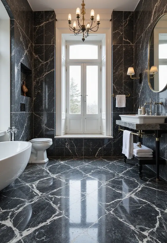 26 Black and White Bathroom Ideas That Never Go Out of Style 22 26 Black and White Bathroom Ideas That Never Go Out of Style - 4. Striking Marble Floors