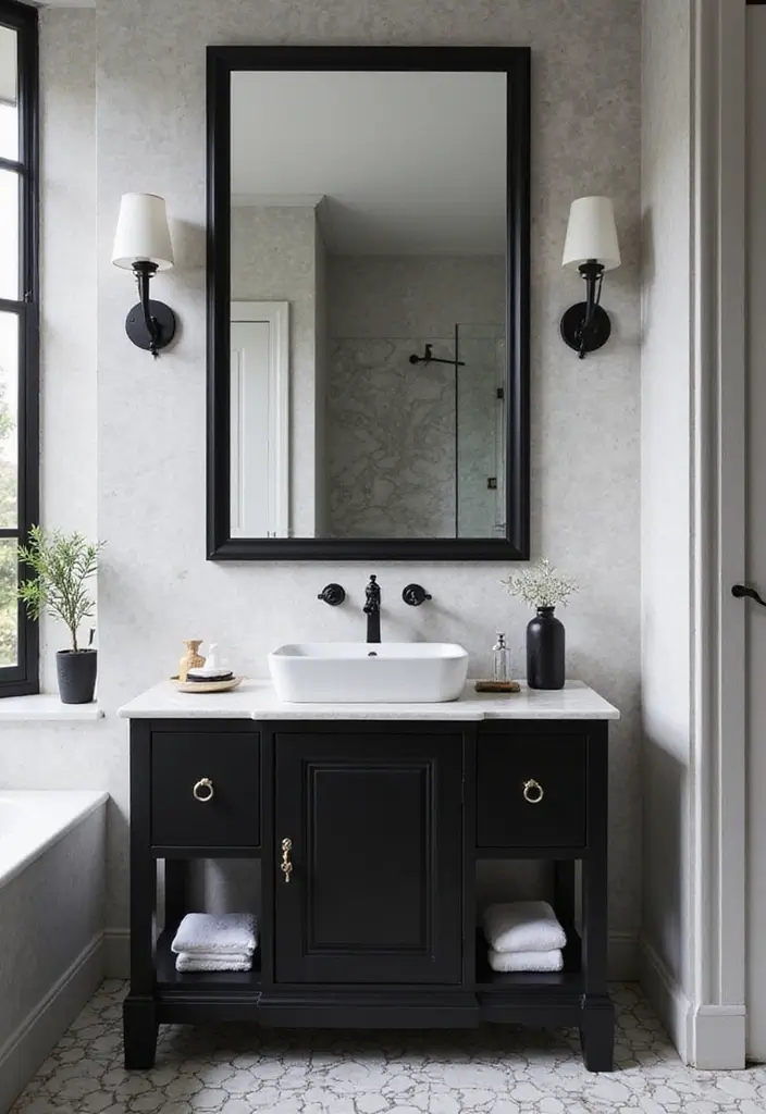 26 Black and White Bathroom Ideas That Never Go Out of Style 57 26 Black and White Bathroom Ideas That Never Go Out of Style - 9. Statement Mirrors