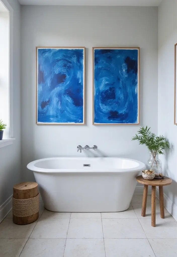 26 Blue Bathroom Ideas That Feel Fresh and Serene 148 26 Blue Bathroom Ideas That Feel Fresh and Serene - 22. Bold Blue Art Pieces