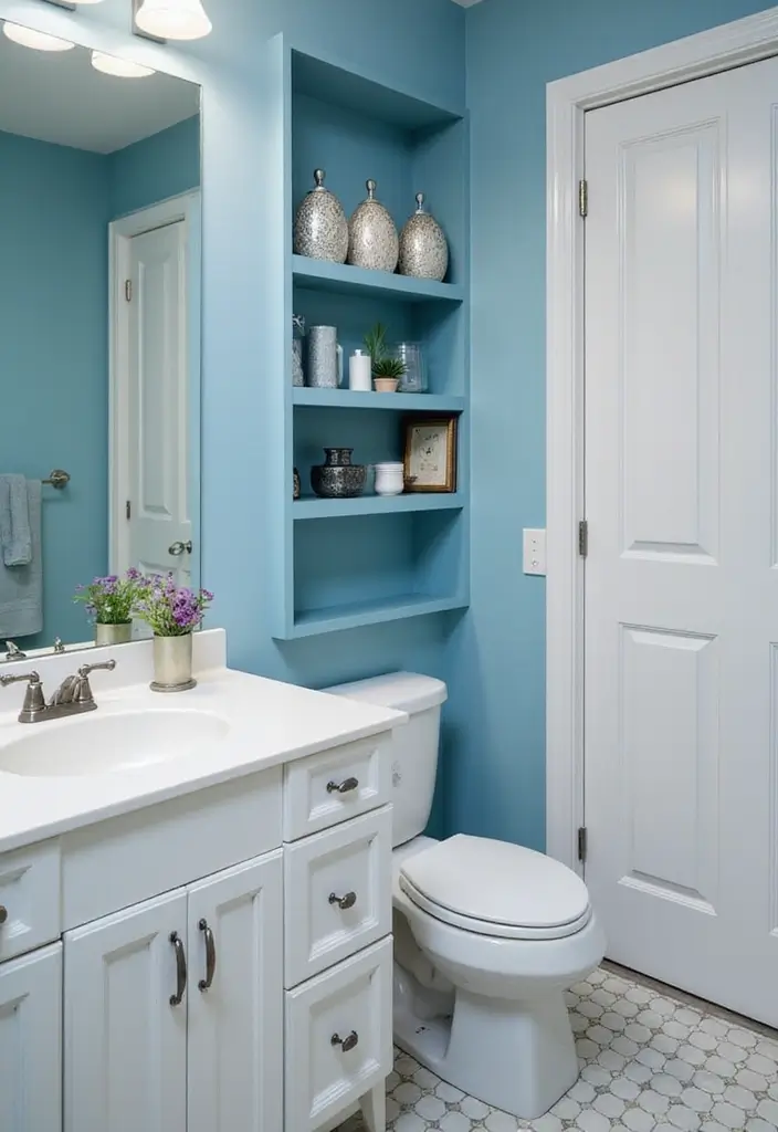 26 Blue Bathroom Ideas That Feel Fresh and Serene 169 26 Blue Bathroom Ideas That Feel Fresh and Serene - 25. Blue Accented Shelving