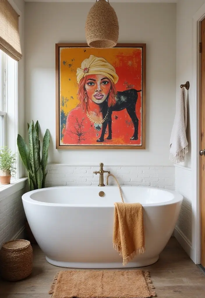 26 Boho Bathroom Ideas That Bring Effortless Charm and Warmth 160 26 Boho Bathroom Ideas That Bring Effortless Charm and Warmth - 24. Statement Art Pieces