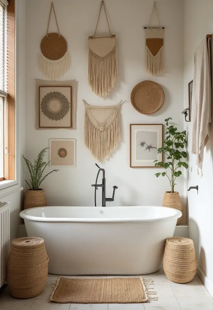 26 Boho Bathroom Ideas That Bring Effortless Charm and Warmth 48 26 Boho Bathroom Ideas That Bring Effortless Charm and Warmth - 8. Artistic Wall Decor