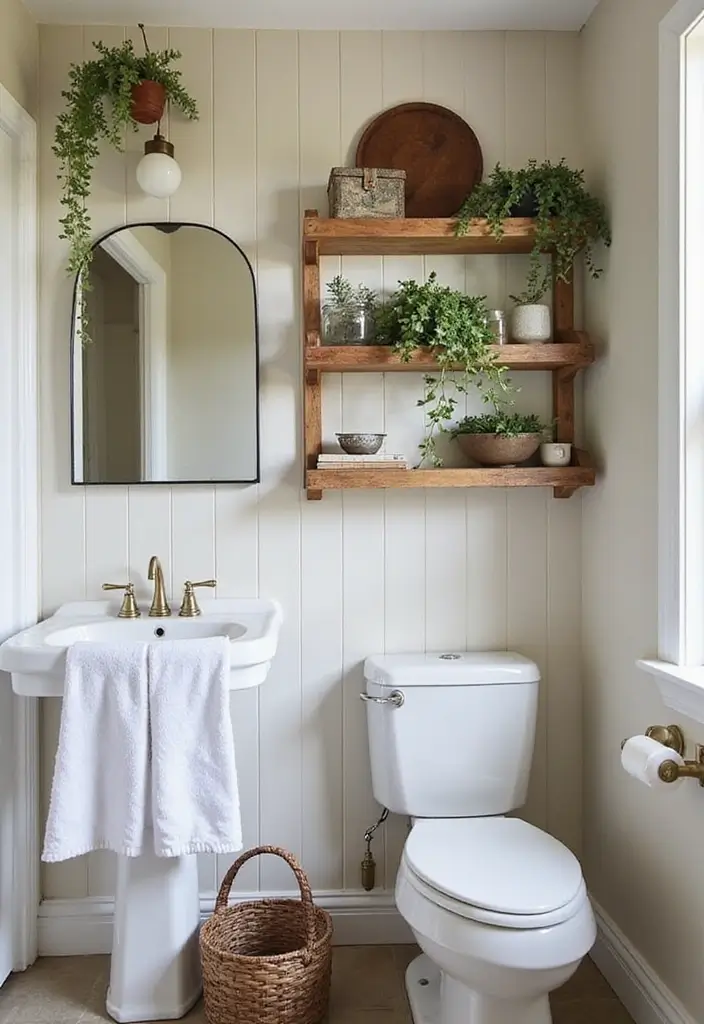 26 Farmhouse Bathroom Ideas With Warm Rustic Touches 1 26 Farmhouse Bathroom Ideas With Warm Rustic Touches - 1. Reclaimed Wood Shelving