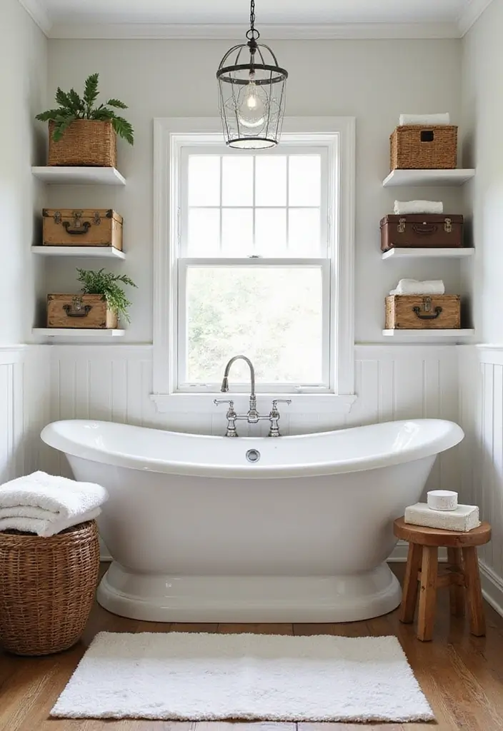 26 Farmhouse Bathroom Ideas With Warm Rustic Touches 78 26 Farmhouse Bathroom Ideas With Warm Rustic Touches - 12. Creative Storage Solutions