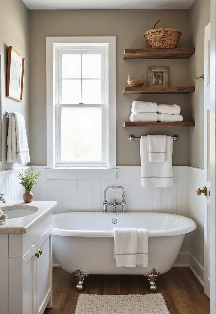 26 Farmhouse Bathroom Ideas With Warm Rustic Touches 106 26 Farmhouse Bathroom Ideas With Warm Rustic Touches - 16. Open Shelving