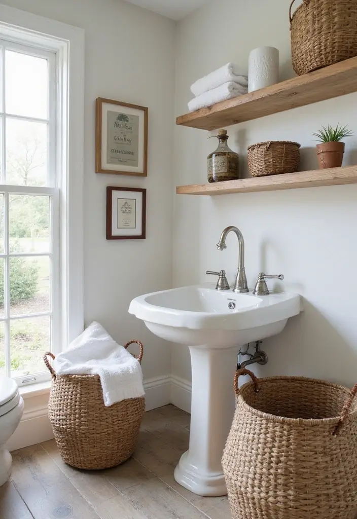 26 Farmhouse Bathroom Ideas With Warm Rustic Touches 148 26 Farmhouse Bathroom Ideas With Warm Rustic Touches - 22. Decorative Baskets