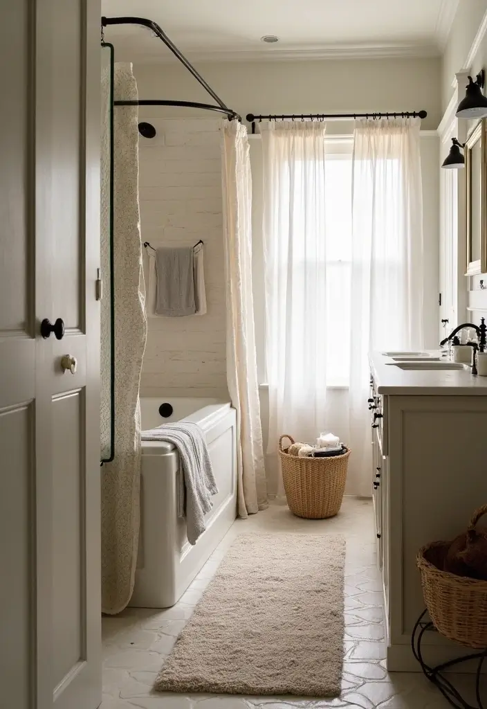 26 Farmhouse Bathroom Ideas With Warm Rustic Touches 15 26 Farmhouse Bathroom Ideas With Warm Rustic Touches - 3. Cozy Textiles