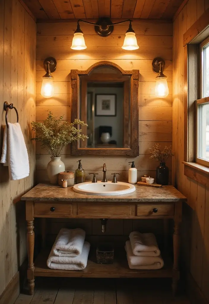 26 Farmhouse Bathroom Ideas With Warm Rustic Touches 57 26 Farmhouse Bathroom Ideas With Warm Rustic Touches - 9. Vintage Lighting Fixtures