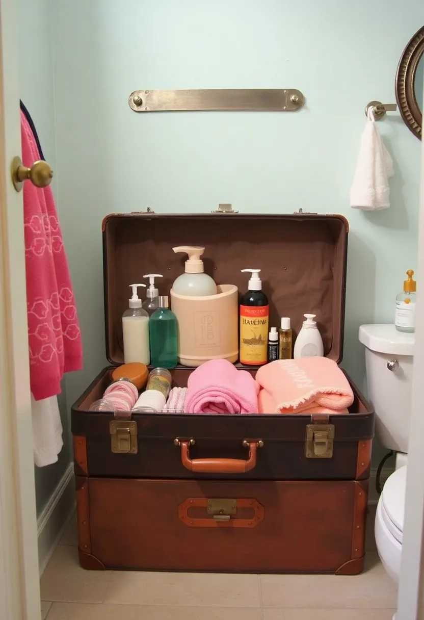 26 Shower Storage Ideas For A Clean And Minimal Bathroom 88 26 Shower Storage Ideas For A Clean And Minimal Bathroom - 14. Vintage Suitcase Storage