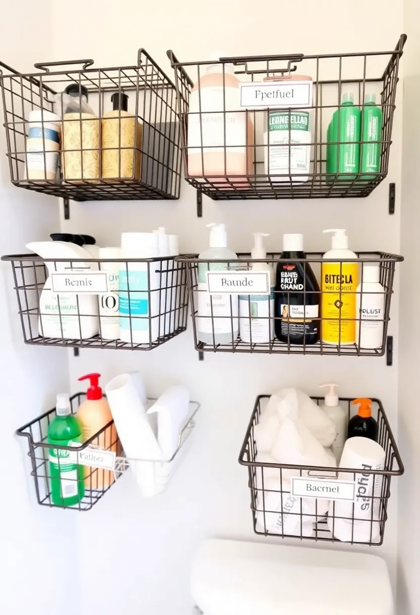 26 Shower Storage Ideas For A Clean And Minimal Bathroom 114 26 Shower Storage Ideas For A Clean And Minimal Bathroom - 18. Wire Baskets with Labels