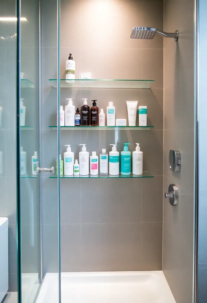 26 Shower Storage Ideas For A Clean And Minimal Bathroom 43 26 Shower Storage Ideas For A Clean And Minimal Bathroom - 7. Transparent Shower Shelves