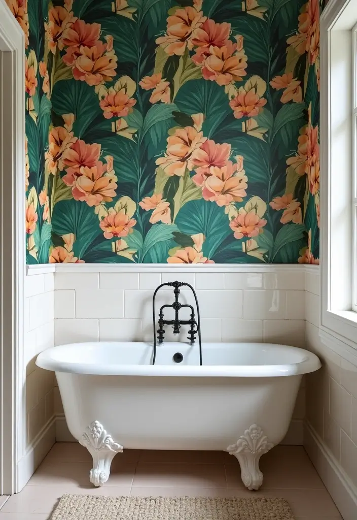 26 Small Bathroom Ideas With Tub You’ll Actually Love 146 26 Small Bathroom Ideas With Tub You’ll Actually Love - 22. Bold Wallpaper