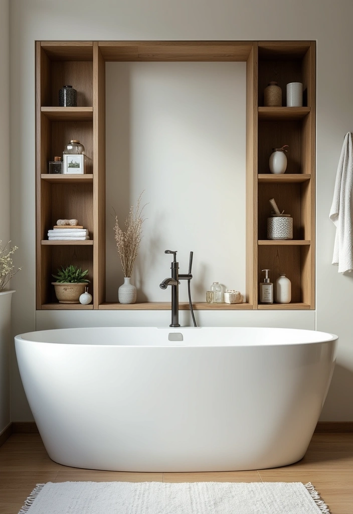26 Small Bathroom Ideas With Tub You’ll Actually Love 41 26 Small Bathroom Ideas With Tub You’ll Actually Love - 7. Tub with Built-in Shelves