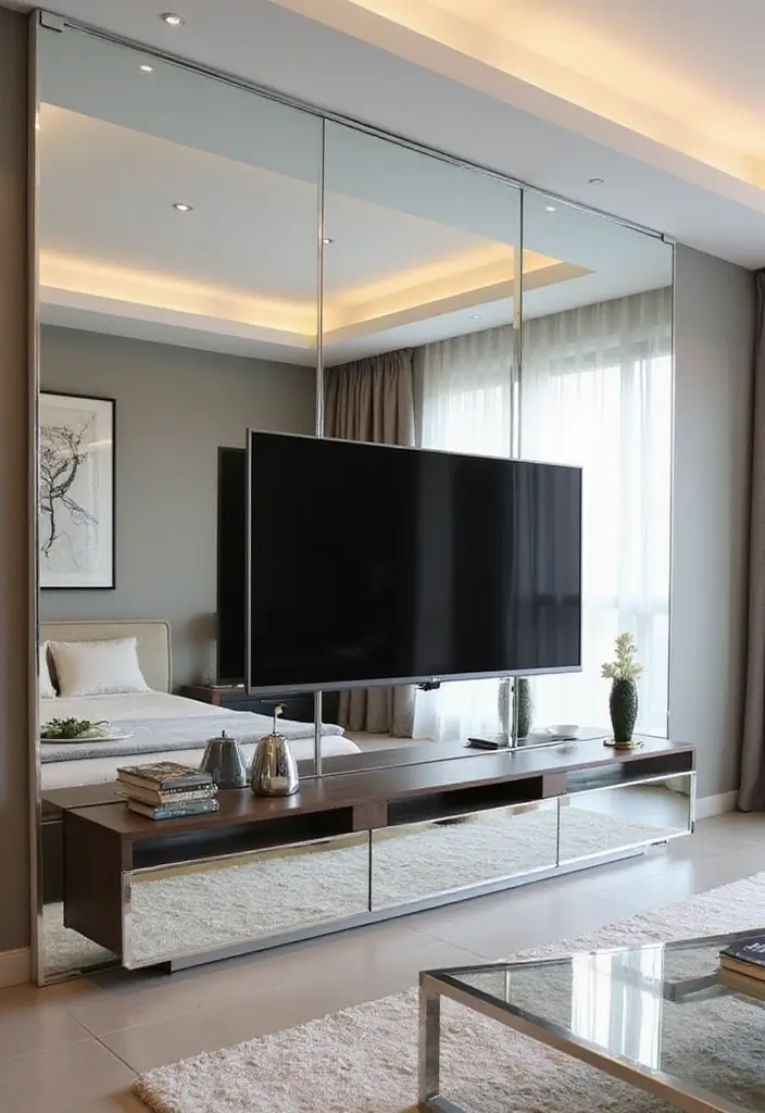 26 TV Wall Ideas You’ll Wish You Tried Sooner 85 26 TV Wall Ideas You’ll Wish You Tried Sooner - 13. Mirrored Walls