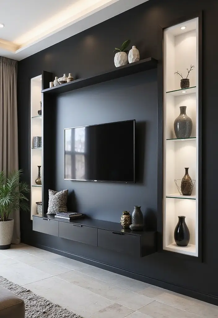 26 TV Wall Ideas You’ll Wish You Tried Sooner 113 26 TV Wall Ideas You’ll Wish You Tried Sooner - 17. Black and White Palette