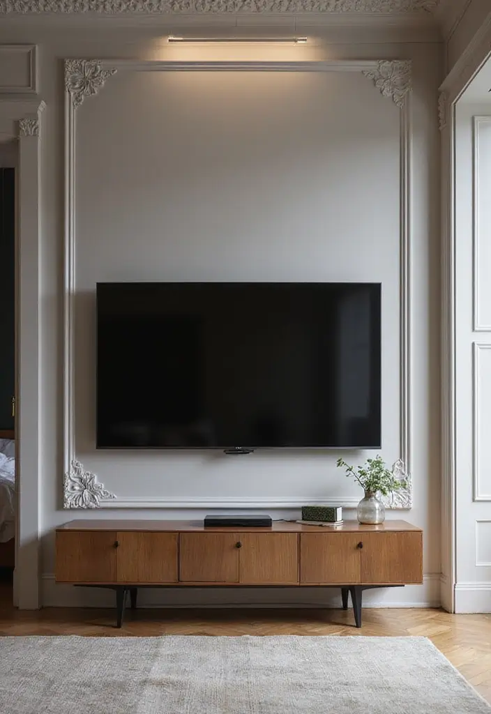26 TV Wall Ideas You’ll Wish You Tried Sooner 155 26 TV Wall Ideas You’ll Wish You Tried Sooner - 23. Elegant Wall Molding